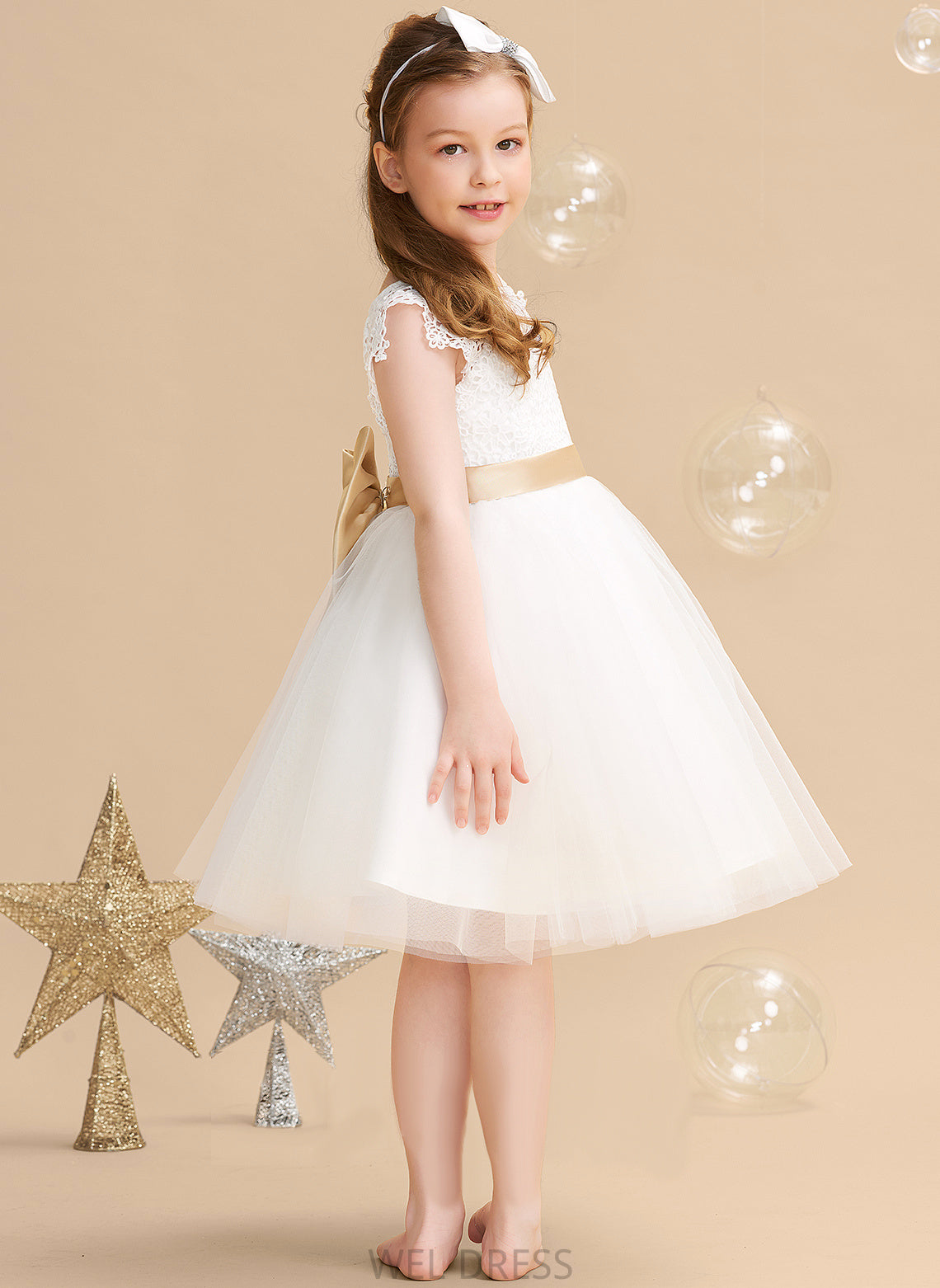 sash) Neck With A-Line Flower Girl Dresses (Undetachable Knee-length Flower Short Tulle/Lace Jaden Dress Scoop Sleeves Girl - Sash/Bow(s)