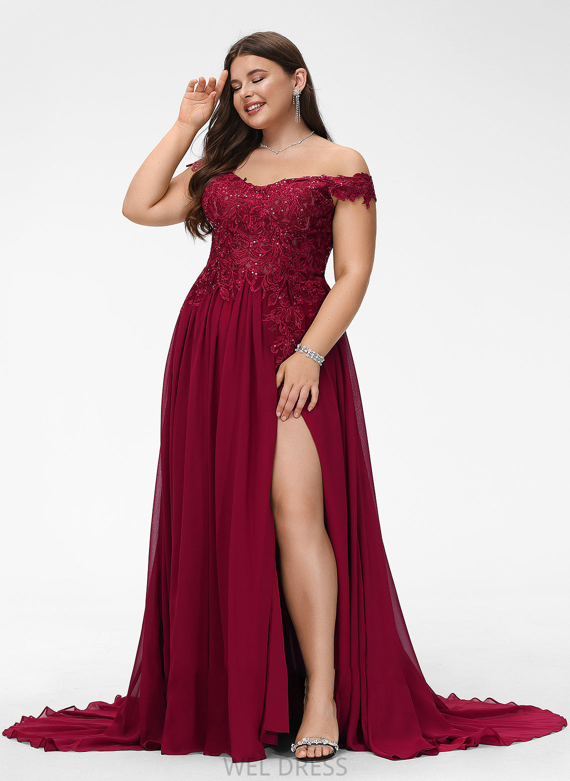 Chiffon With Lace Kimora Sweep A-Line Sequins Off-the-Shoulder Prom Dresses Train