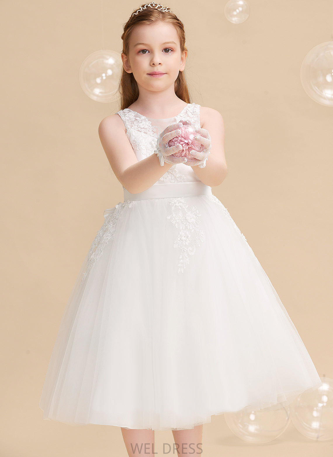 Kaitlin Flower Dress - Beading/Flower(s) Flower Girl Dresses A-Line Scoop Tea-length Sleeveless Girl With Neck Tulle/Lace