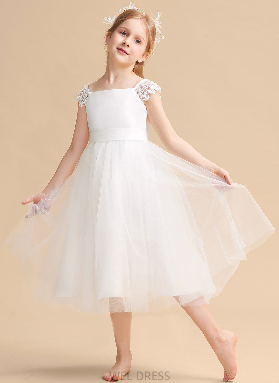 Dress Girl Tea-length Square Satin/Tulle - Flower Girl Dresses With Flower A-Line Sleeveless Tamara Neckline Lace/Sash