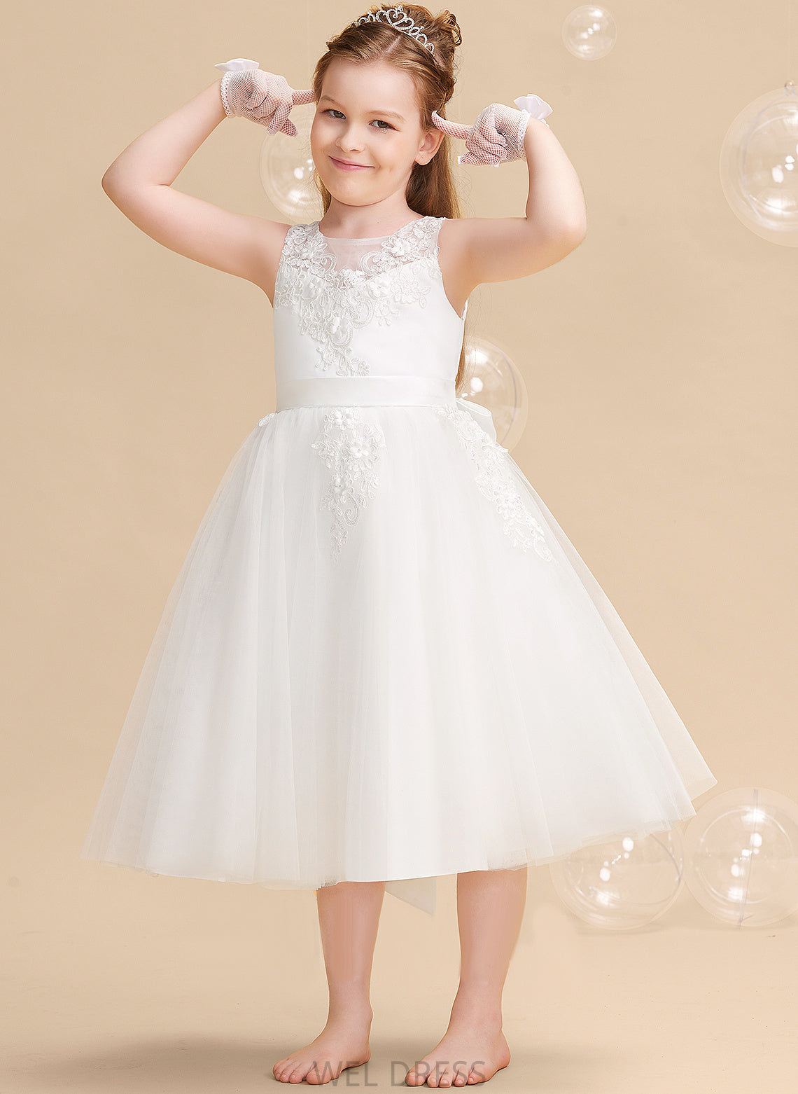 Kaitlin Flower Dress - Beading/Flower(s) Flower Girl Dresses A-Line Scoop Tea-length Sleeveless Girl With Neck Tulle/Lace