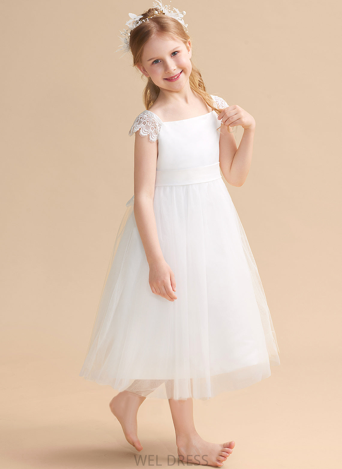 Dress Girl Tea-length Square Satin/Tulle - Flower Girl Dresses With Flower A-Line Sleeveless Tamara Neckline Lace/Sash