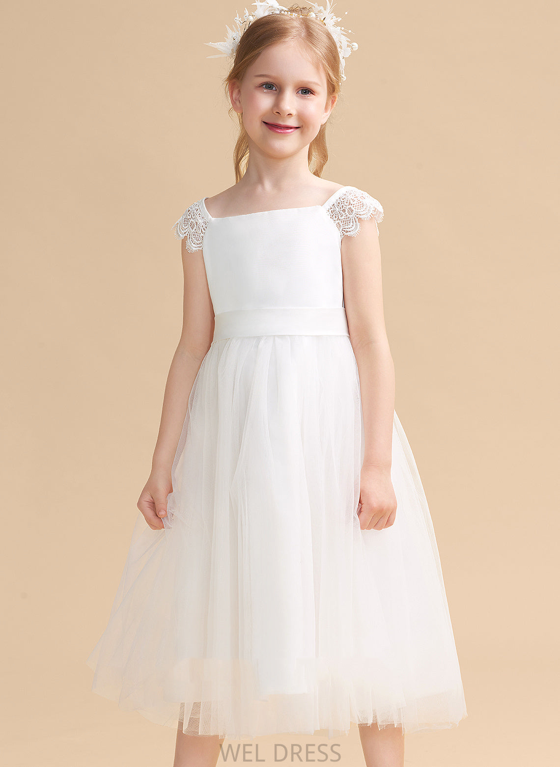 Dress Girl Tea-length Square Satin/Tulle - Flower Girl Dresses With Flower A-Line Sleeveless Tamara Neckline Lace/Sash