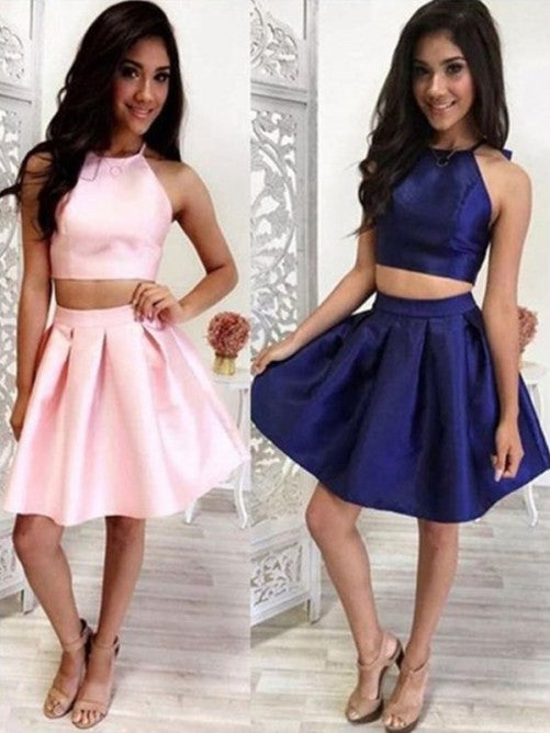 Halter Sleeveless Two Pieces Savannah A Line Homecoming Dresses Satin Short Pleated