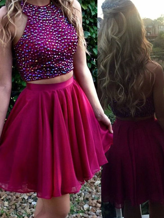 Halter Sleeveless Beading Chiffon A Line Two Pieces Chloe Homecoming Dresses Fuchsia Pleated