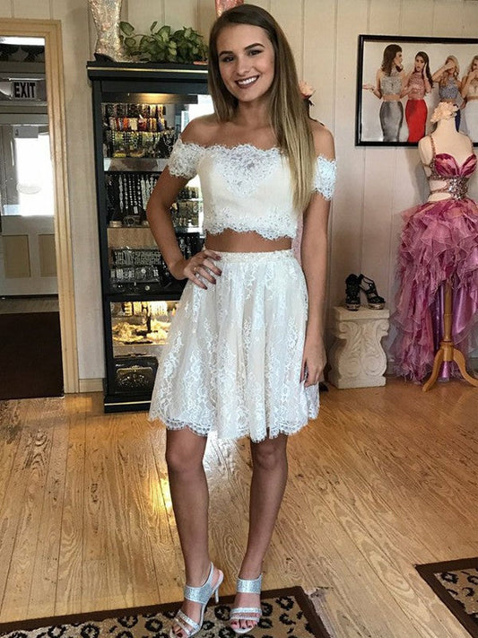 Off Two Pieces Lace A Line Suzanne Homecoming Dresses The Shoulder White Appliques Pleated