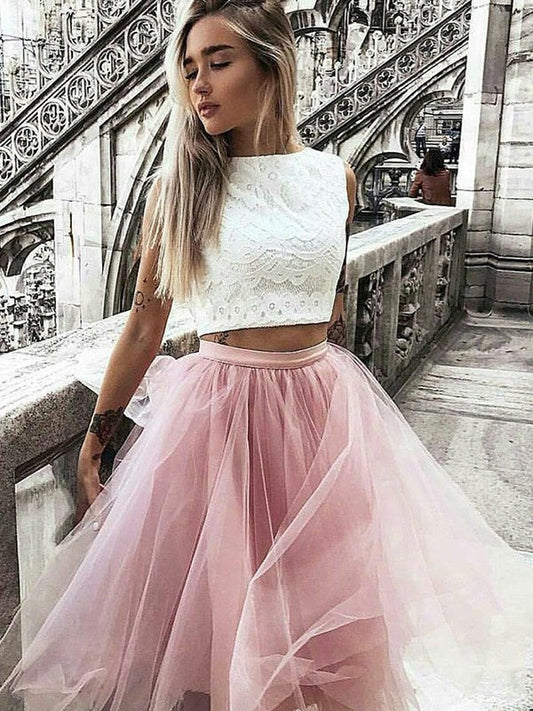 Jewel Lace Homecoming Dresses Two Pieces Karma Pink A Line Sleeveless Appliques Tulle Pleated