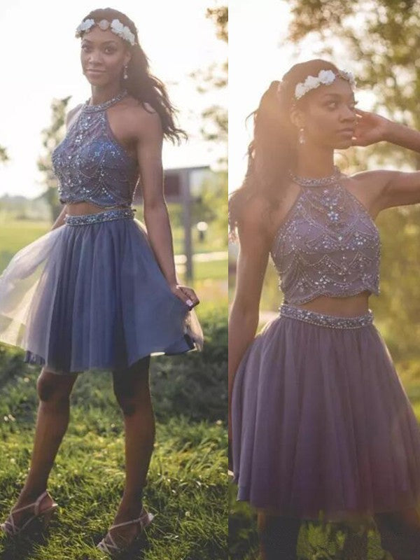 Halter Sleeveless Pleated Rylie Homecoming Dresses Two Pieces A Line Tulle Beading Short