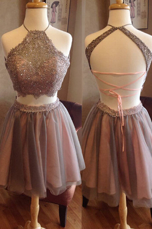 Halter Backless Sleeveless Straps Baylee Two Pieces Homecoming Dresses A Line Tulle Pleated