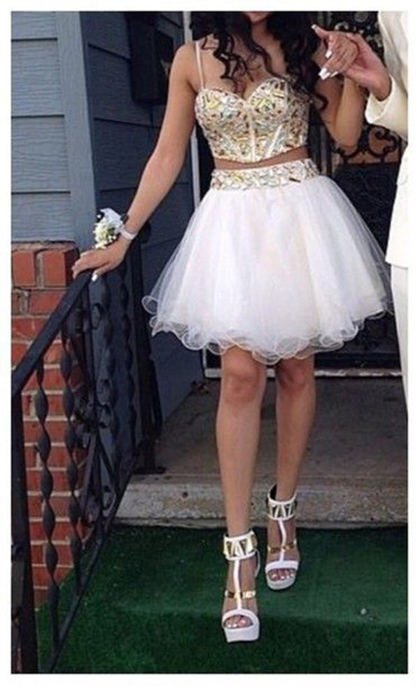 Spaghetti Straps Two Pieces Homecoming Dresses A Line Kirsten Rhinestone Organza White Sweetheart