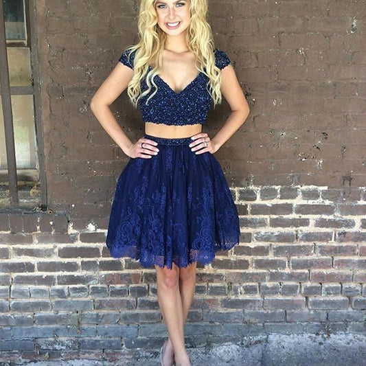 Cap Sleeve Lace Two Pieces Homecoming Dresses Anne A Line Deep V Neck Dark Navy Beading