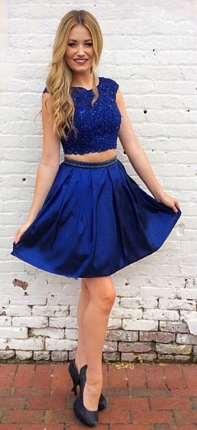 Cap Sleeve Pleated Royal Blue Satin Two Pieces A Line Germaine Homecoming Dresses Appliques Short