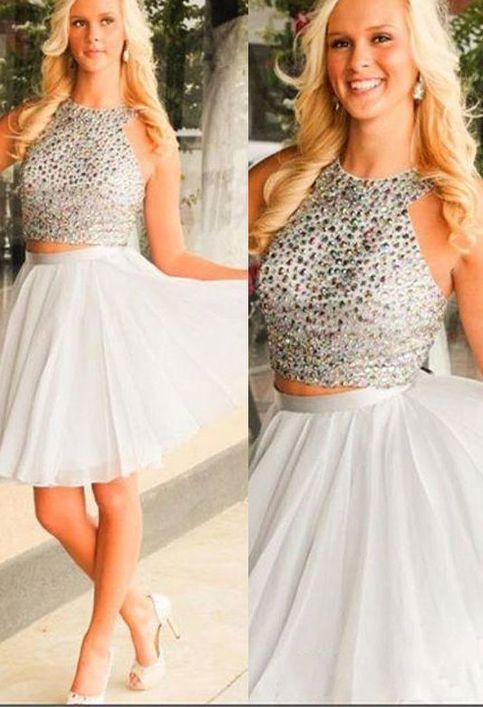 Halter Sleeveless Homecoming Dresses A Line Diya Chiffon Two Pieces White Beading