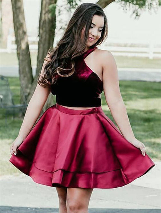 Halter Homecoming Dresses Satin Fatima Two Pieces Sleeveless Burgundy Pleated Short