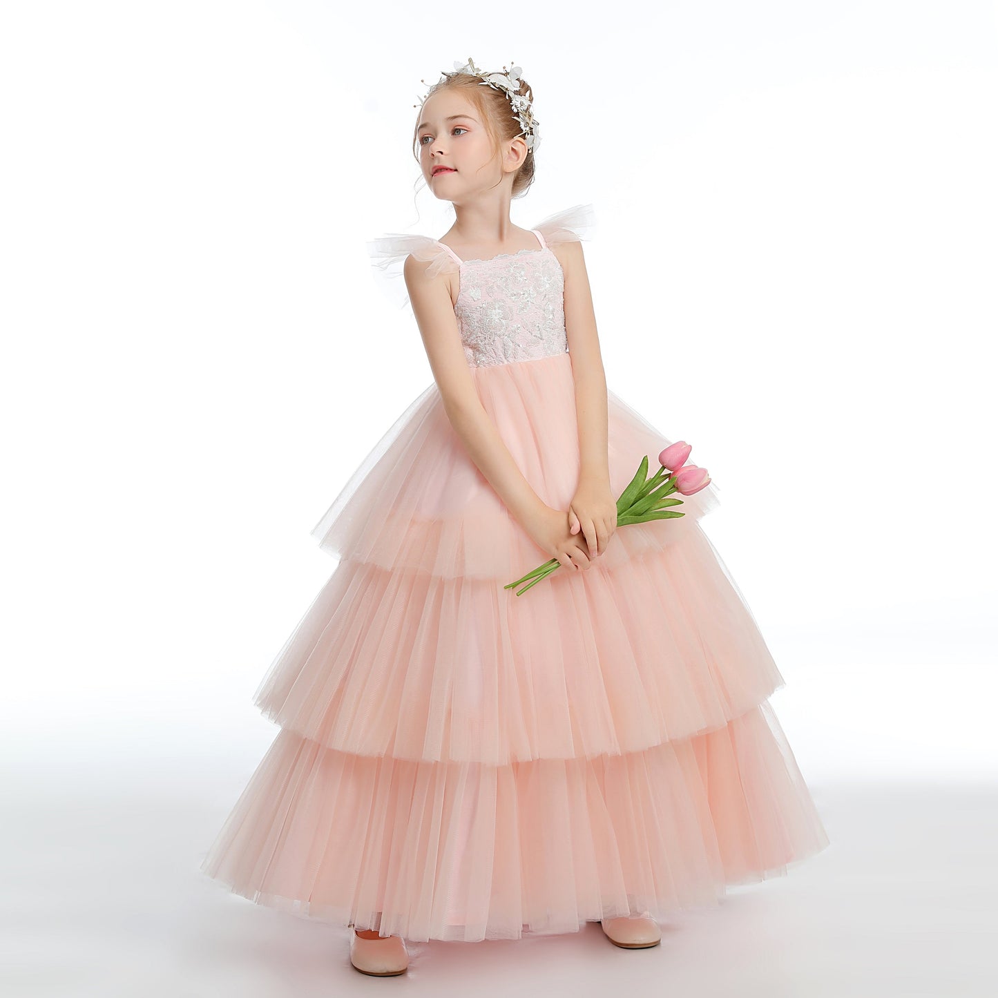 Ruffles Layered Pink Tulle Flower Girl Dresses With Bowknot