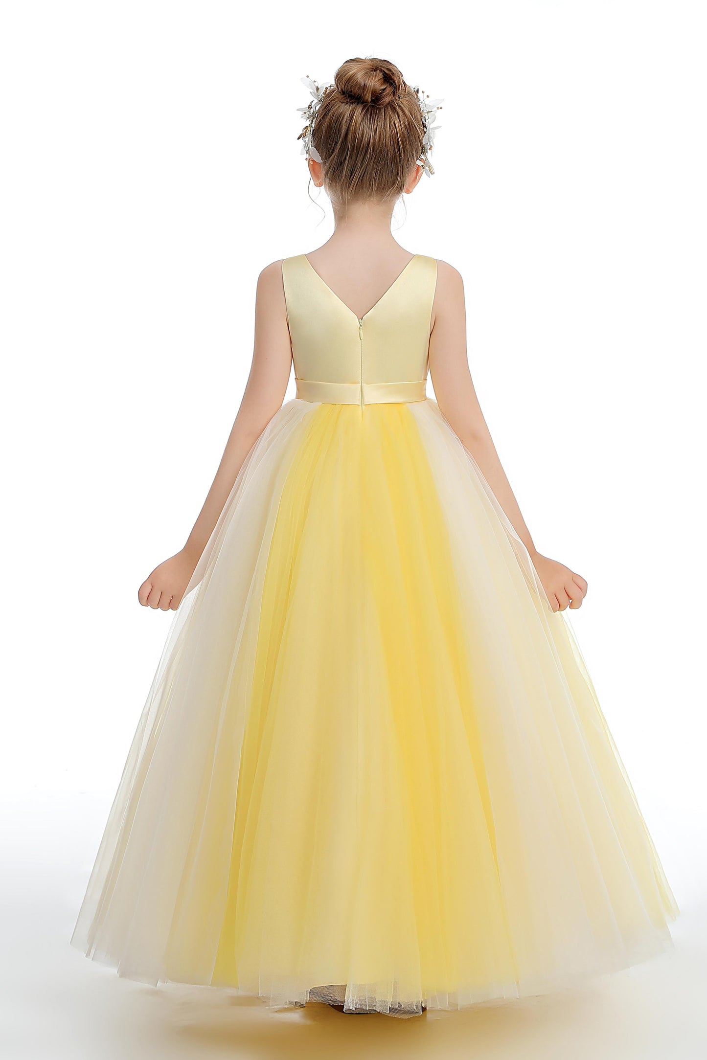 Sleeveless V Neck Yellow Tulle Flower Girl Dresses