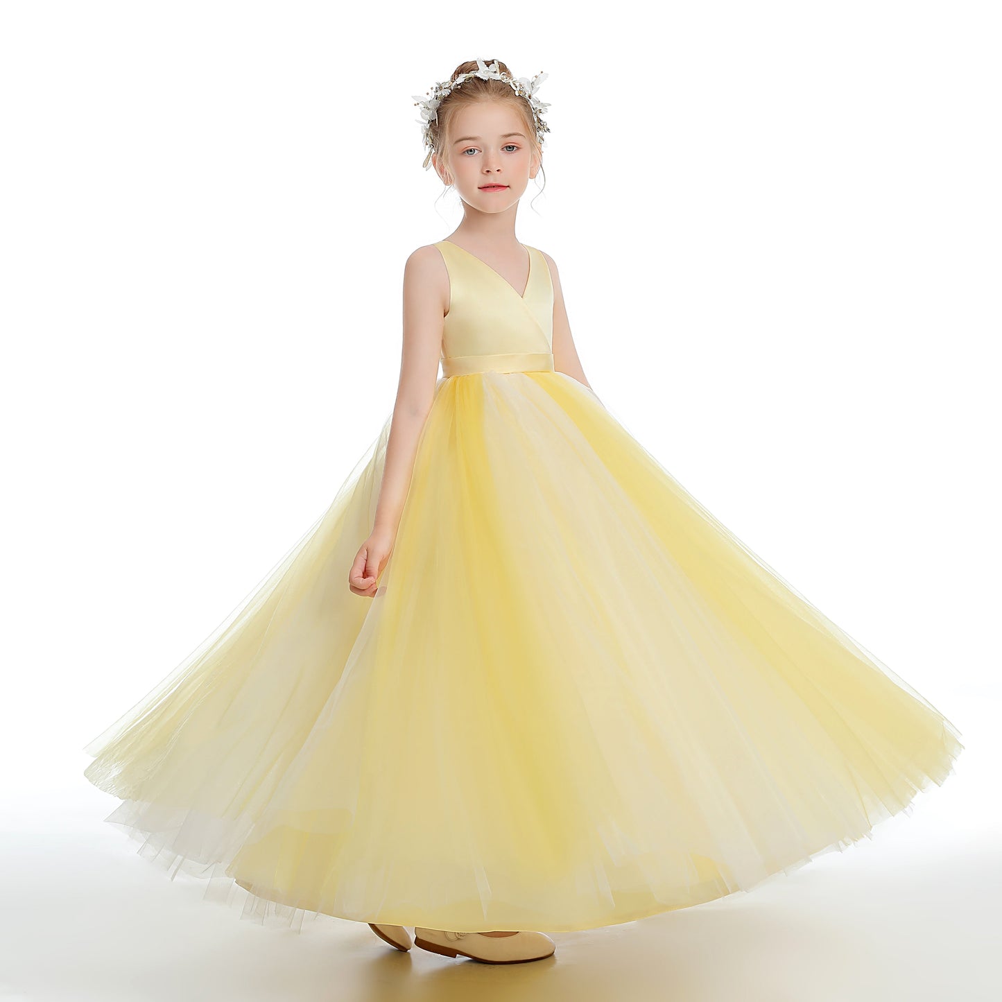 Sleeveless V Neck Yellow Tulle Flower Girl Dresses