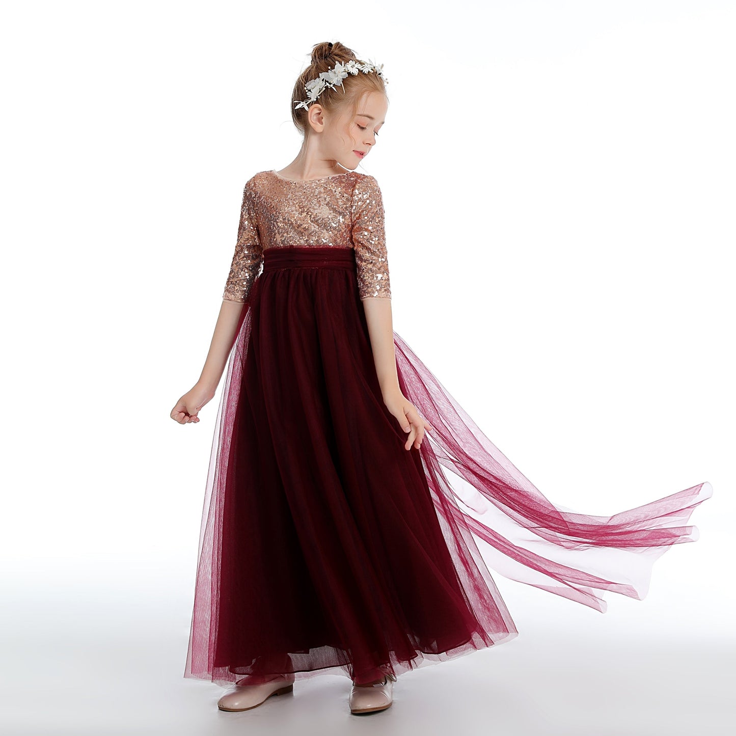 Cute Burgundy A-Line Tulle Flower Girl Dresses With Sequins