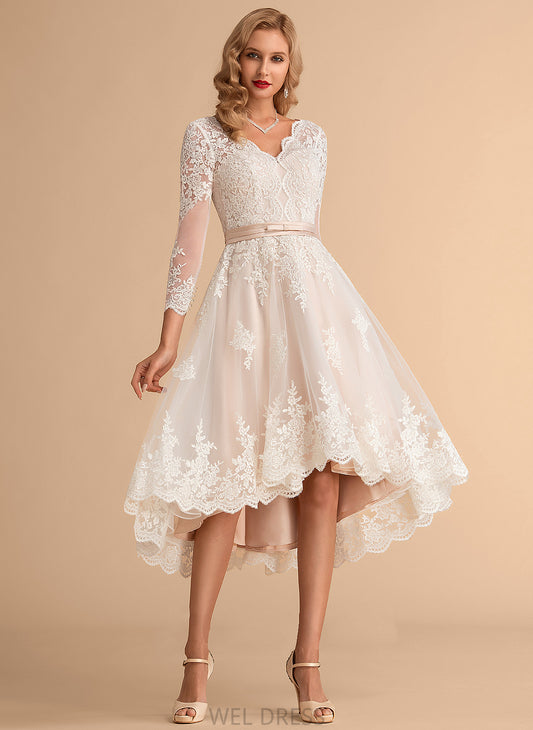 Lace Dress Wedding Asymmetrical V-neck Tulle Jaylah Satin A-Line Wedding Dresses