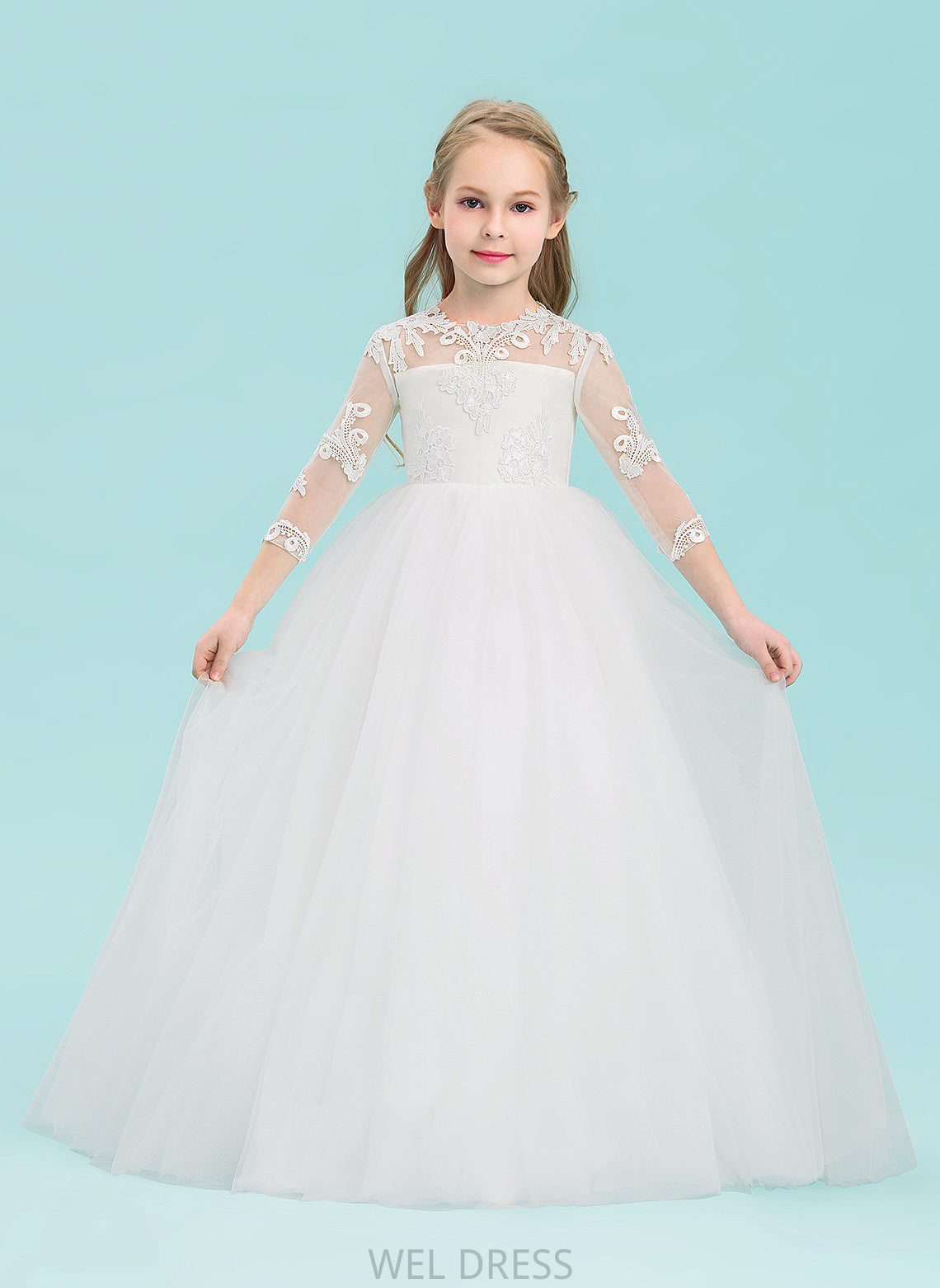 Flower 3/4 Myla Tulle Neck Ball-Gown/Princess Girl Dress Scoop Floor-length Flower Girl Dresses - Sleeves