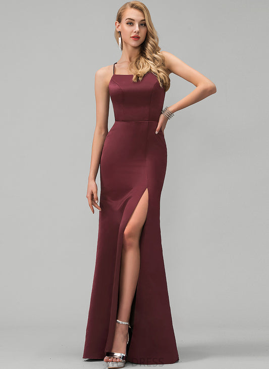 Cassandra Prom Dresses With Front Satin Sheath/Column Square Floor-Length Split Neckline