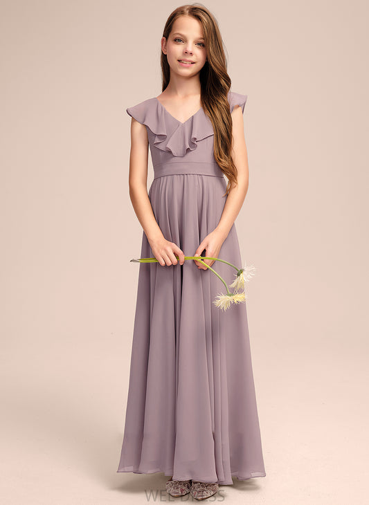 A-Line V-neck Ruffles Cascading Charlee Floor-Length With Junior Bridesmaid Dresses Chiffon