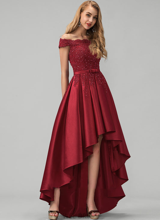 Sequins Ball-Gown/Princess Satin Asymmetrical Bow(s) Off-the-Shoulder With Prom Dresses Lace Destiny Beading