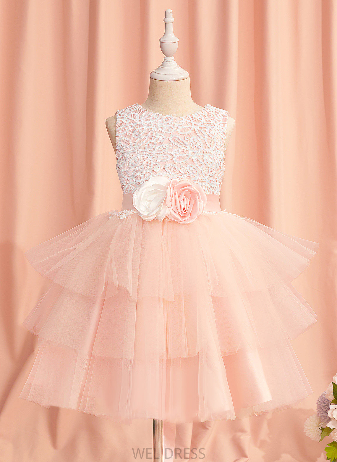 With Flower Neck Matilda Satin/Tulle Scoop Hole Flower Girl Dresses - Lace/Flower(s)/Back Dress Girl Sleeveless Knee-length Ball-Gown/Princess