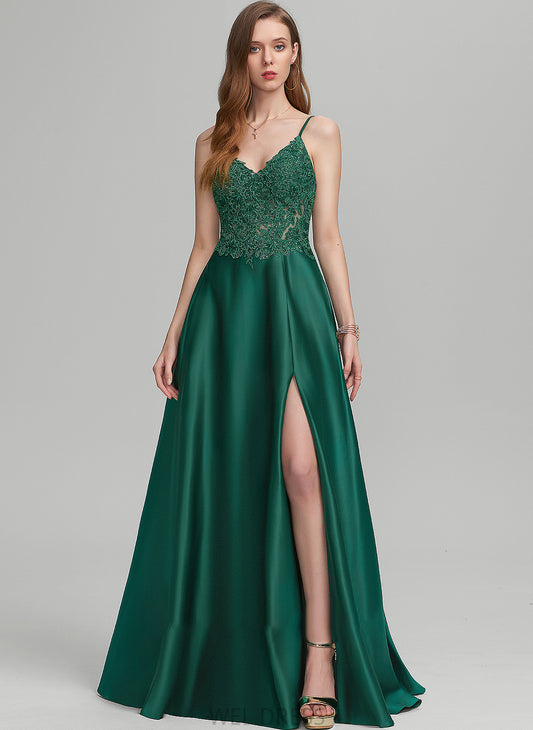 Hallie Front Prom Dresses Split Satin V-neck A-Line With Floor-Length