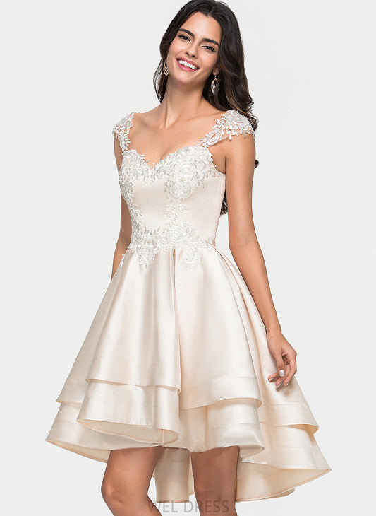 A-Line Ruffles Sweetheart Mikaela Asymmetrical Satin Beading With Cascading Lace Prom Dresses