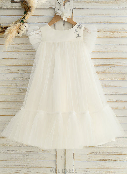 Sleeveless - With Ruffles Satin/Tulle A-Line Flower Girl Dresses Knee-length Scoop Neck Dress Flower Girl Alana