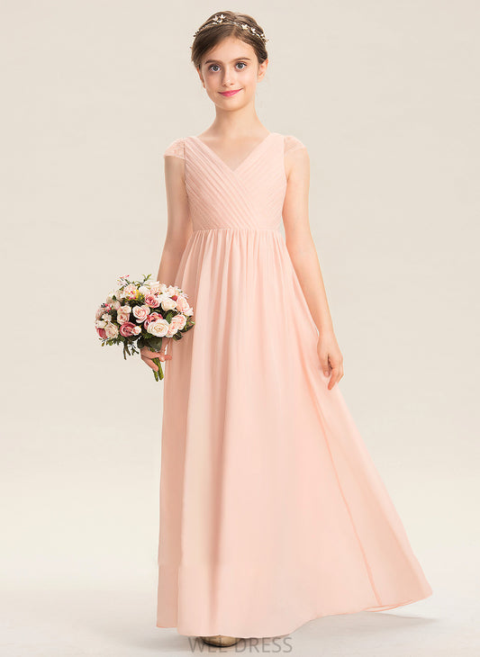 V-neck Junior Bridesmaid Dresses With Lace Chiffon Jennifer A-Line Ruffle Floor-Length