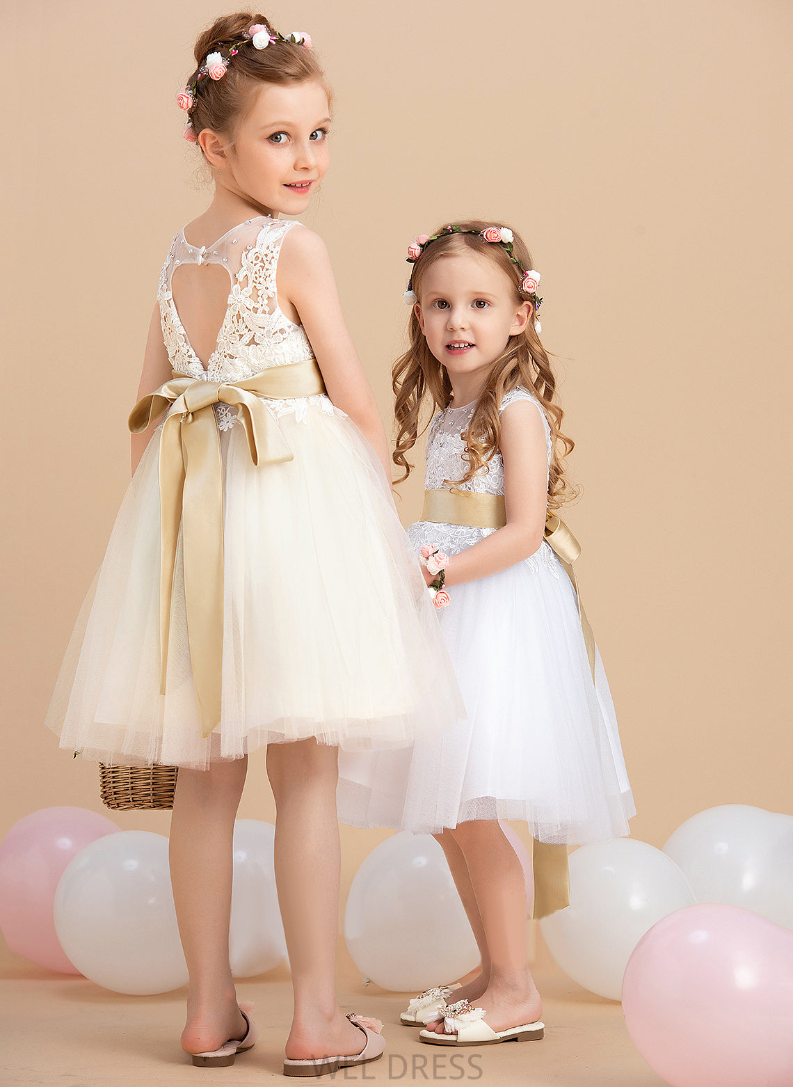 Neck Sash/Beading/Back With Hole Flower Girl Dresses Itzel - A-Line Girl Dress Scoop Sleeveless sash) (Detachable Knee-length Flower Tulle/Lace