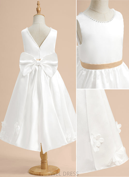 A-Line Toni Satin Dress Girl Flower With - Scoop Sash/Beading/Flower(s)/Bow(s) Sleeveless Tea-length Neck Flower Girl Dresses