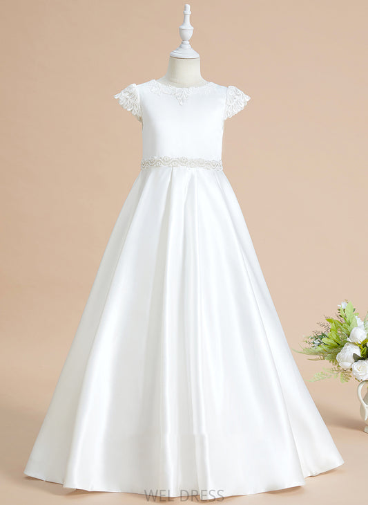 Satin Scoop Ball-Gown/Princess With Daphne Sleeves Girl Dress Lace/Beading/Bow(s) Neck Flower - Flower Girl Dresses Short Floor-length