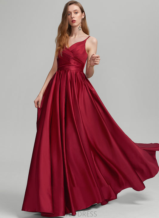 With V-neck Ainsley Prom Dresses Floor-Length A-Line Ruffle Pockets Satin