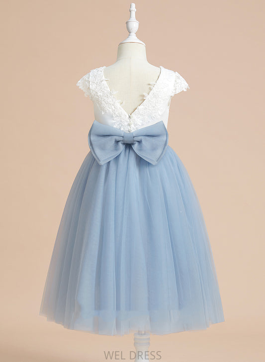 Sleeveless A-Line With Madisyn Lace/Bow(s) Girl Flower Girl Dresses - Tea-length Scoop Flower Dress Neck Satin/Tulle