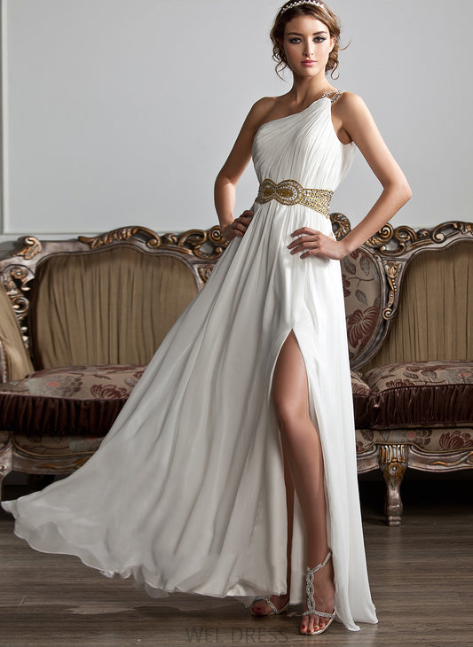 Front Chiffon Floor-Length With Beading Mckenna A-Line Ruffle Sequins One-Shoulder Split Prom Dresses