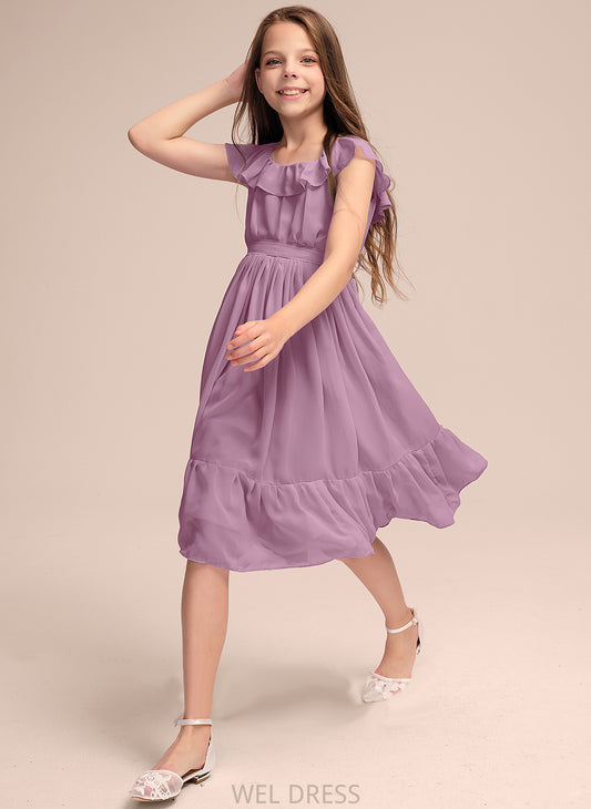 A-Line Ruffles With Junior Bridesmaid Dresses Chiffon Bow(s) Knee-Length Neck Cascading Scoop Veronica