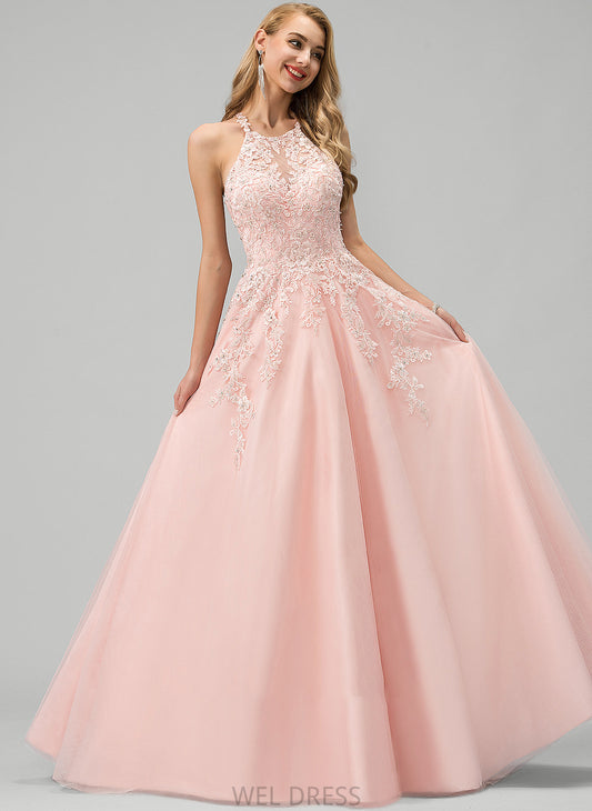 Prom Dresses Ball-Gown/Princess Lace Neck Beading Tulle With Scoop Yasmine Sequins Floor-Length