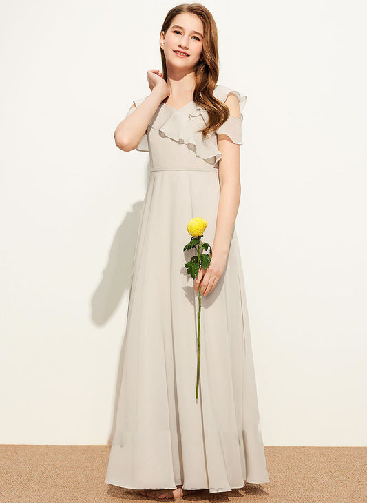 A-Line Amirah With Floor-Length Junior Bridesmaid Dresses Ruffles V-neck Cascading Chiffon