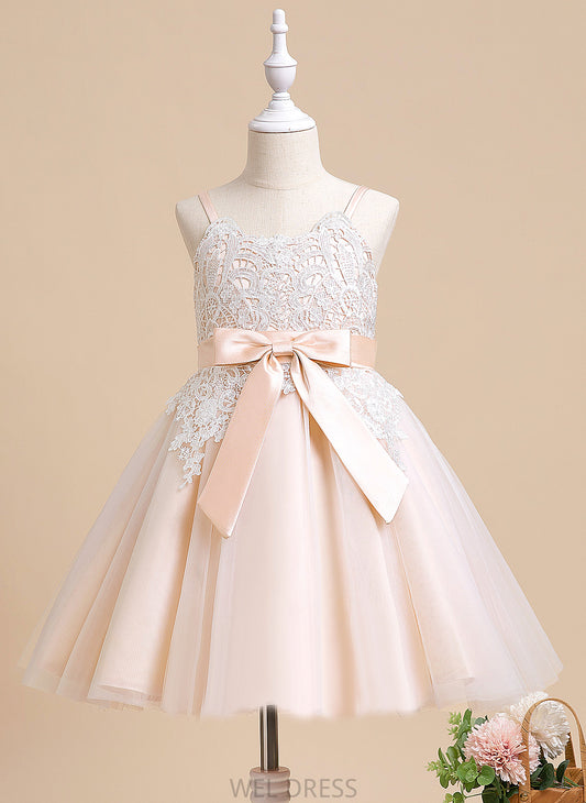 Girl Neck Scalloped Flower With Kayden Bow(s) Tulle A-Line Flower Girl Dresses - Sleeveless Dress Knee-length