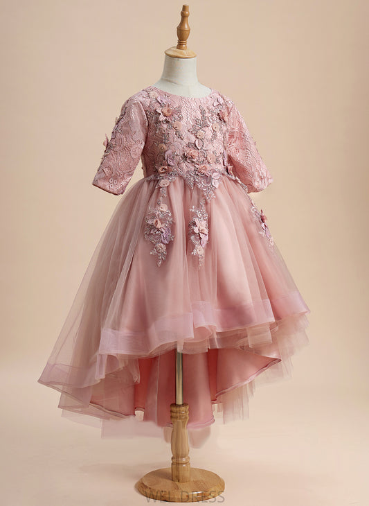 1/2 Flower Asymmetrical Flower Girl Dresses Tulle Girl Sleeves Beading/Flower(s) Dress - Phoebe Scoop With Ball-Gown/Princess Neck