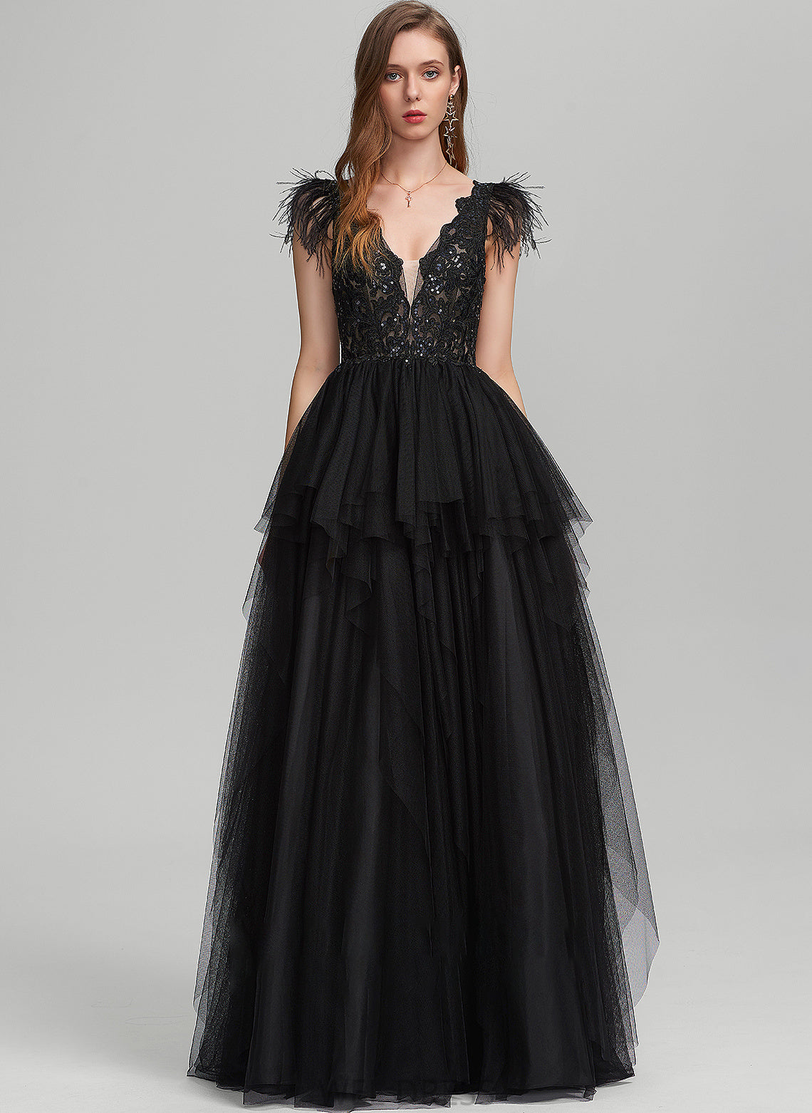 Floor-Length Ball-Gown/Princess V-neck Feather With Tulle Prom Dresses Moriah Sequins