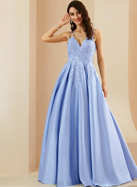 Jazmyn With Satin Beading Floor-Length Sequins V-neck Prom Dresses Ball-Gown/Princess