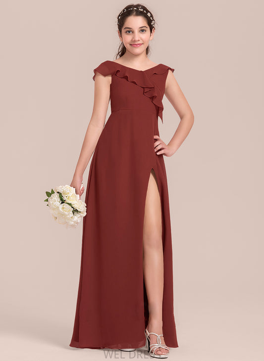 Split Ruffles Front Chiffon Cascading V-neck A-Line With Marilyn Junior Bridesmaid Dresses Floor-Length