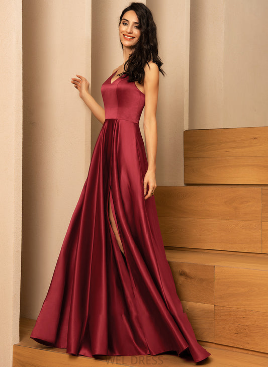 Satin Floor-Length With Hailey A-Line Prom Dresses V-neck Pockets