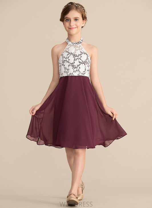 Scoop A-Line Junior Bridesmaid Dresses Chiffon Lace Brooklyn Knee-Length Neck