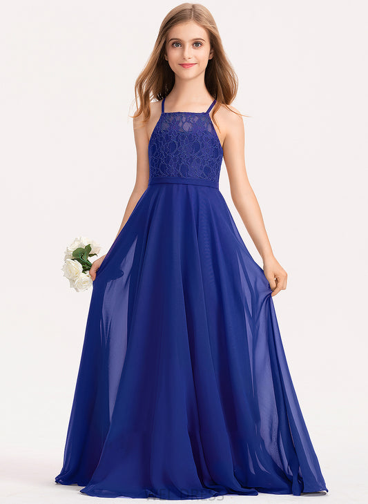 Alyson Chiffon Neckline Square Floor-Length Junior Bridesmaid Dresses A-Line Lace