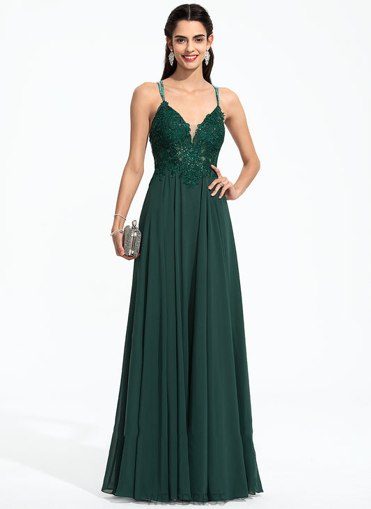 With Floor-Length Beading A-Line V-neck Prom Dresses Chiffon Sequins Kaila